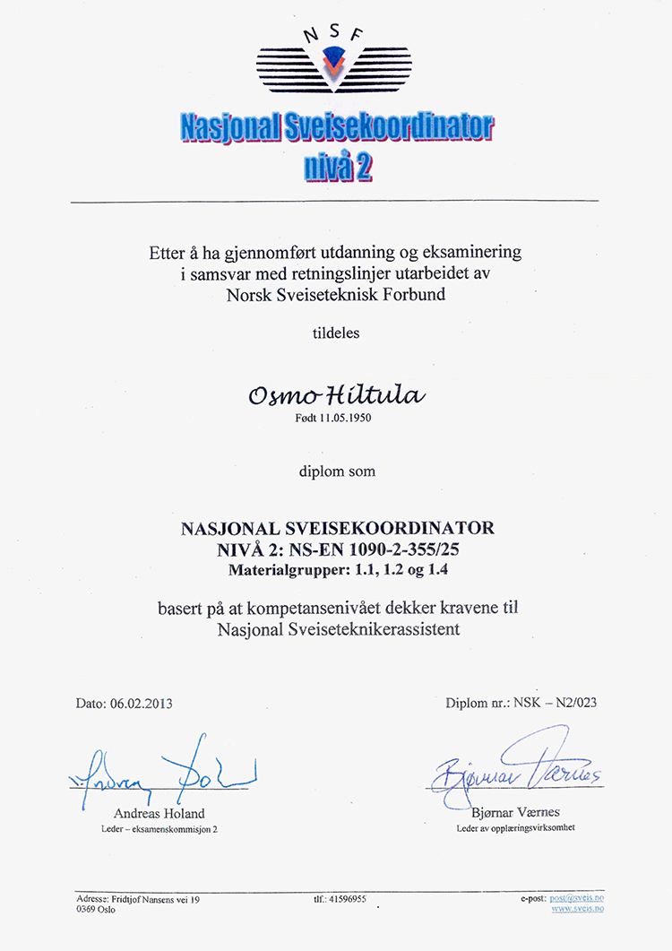 Diplom National Sveisekoordinator 1090-2, nivå 2